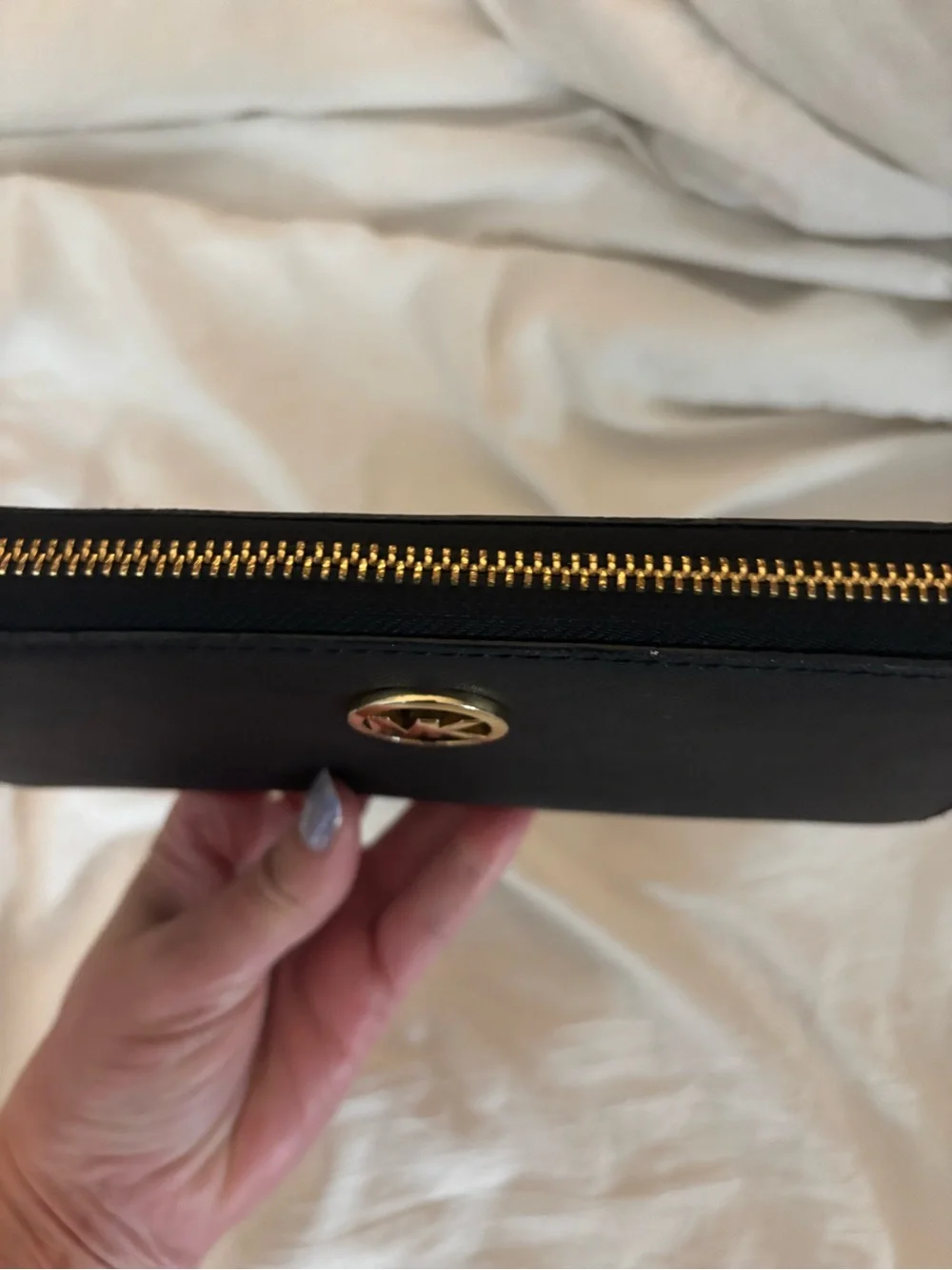 Michael Kors Black Zip Wallet with Gold MK Emblem